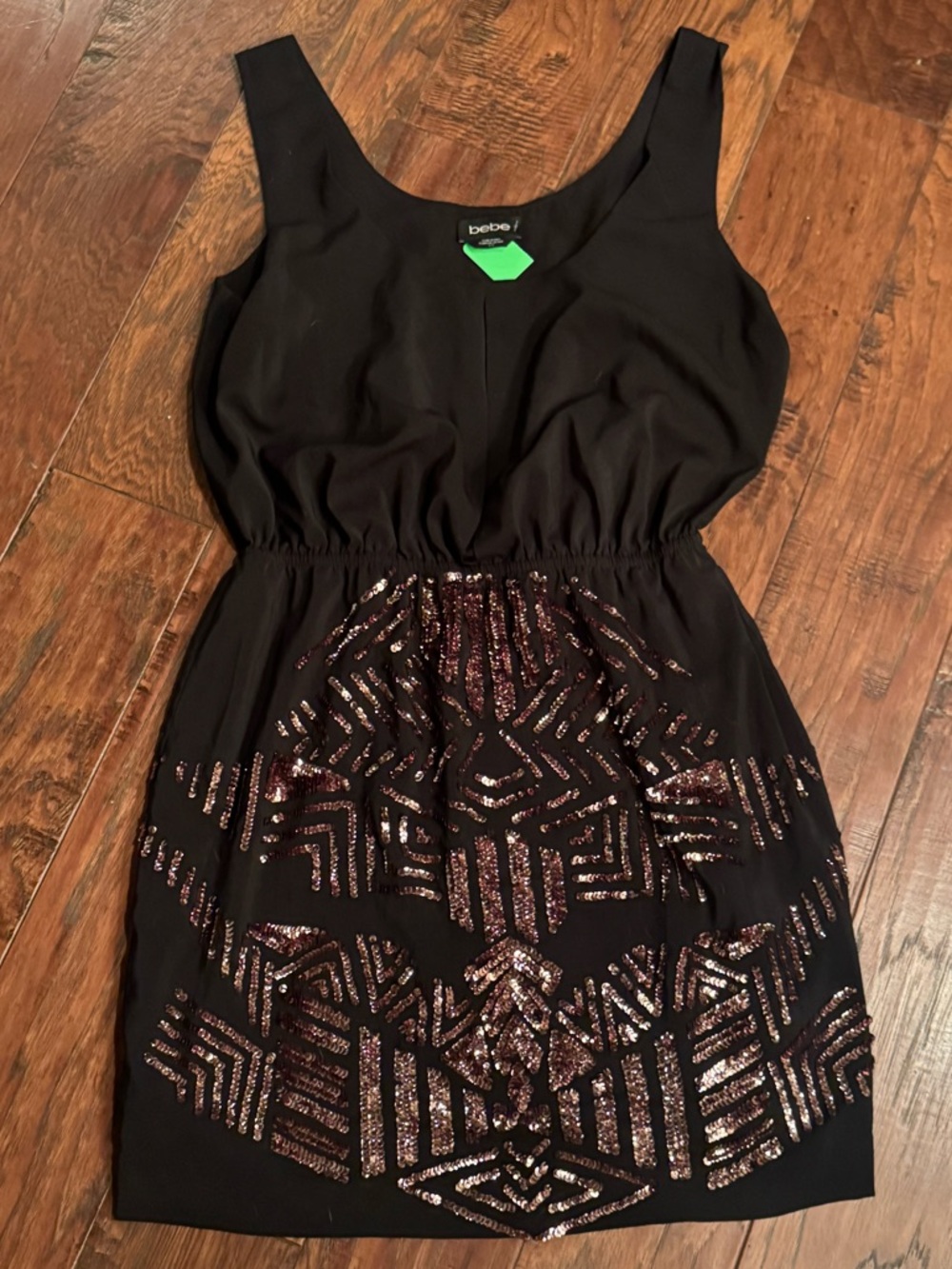 bebe Black Mini Dress with Rose-Gold Sequined Geometric Skirt